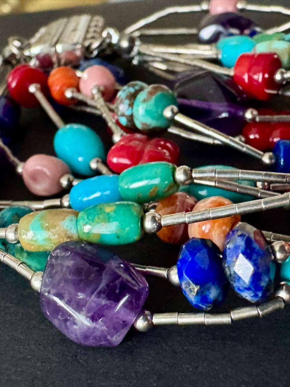 Fabulous Vibrant Silver Multicolor Beaded Multi-Strand Bracelet - Gemstone Mix - Picture 2 of 9
